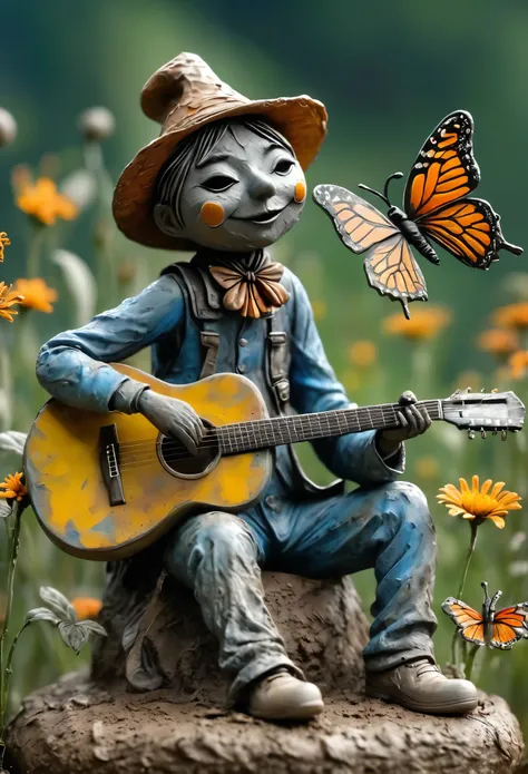 (best quality:1.2),ultra-light Clay, Clay, Pottery,  distressed, dirty, mineral pigments, 3D Clay sculpture art, Clay sculpture, Rough surface, (artwork，A group of tall scarecrows singing in the field。Hold the microphone，Guitar，Long legs，Interesting concep...