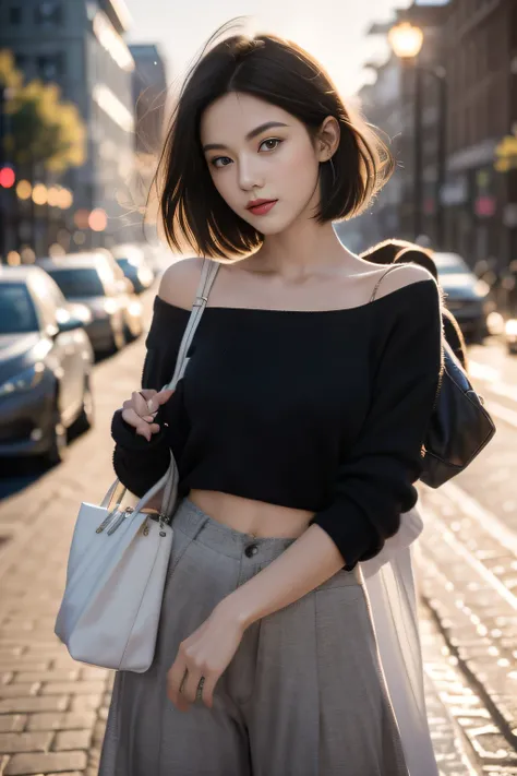 (Half-length photo,streetlight,moon),masterpiece, 1 Girl, Solo exhibitions, Beautiful woman on the busy street, Surrounded by vendors, Beautiful goddess girl portrait, Beautiful and detailed face, Porcelain skin, (((Half-length photo, center, night, Black ...