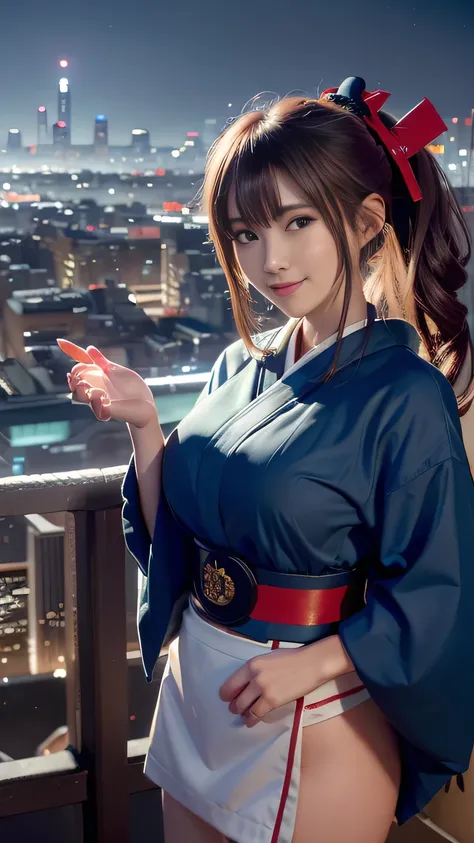 One Girl, cute、ponytail, A shy smile, Brown Hair、Deep blue eyes、((Shrine maiden costume super mini skirt:1.2))、((Night cityscape:1.6))