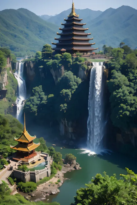 2. Mountain View，There are waterfalls and pagodas in the middle, Han Gan&#39;s paintings, CG Club Contest Champion, Fantasy Art, Dreamy Chinatown, Chinese scenery, Chinese Fantasy, Composed of trees and fantasy valley, Ancient city landscape, Order an impr...