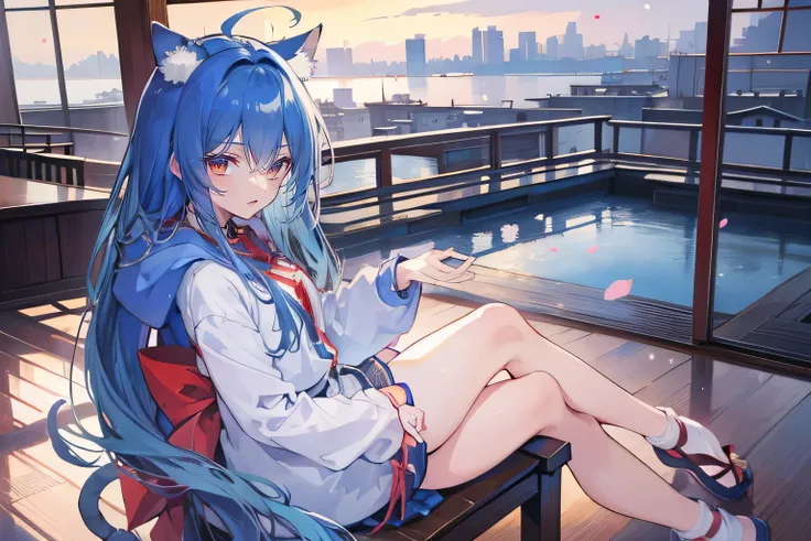 （masterpiece：1.2），Super detailed，lifelike，Expressive eyes，fair skin，perfect face shape，1 girl，
Japanese comics,Gorgeous blue hair,flowing blue hair,flowing clothes,Cat ears,Petals fall,beautiful lola,Baby Angel,sunrise,
Cross your legs，Gentle and peaceful ...