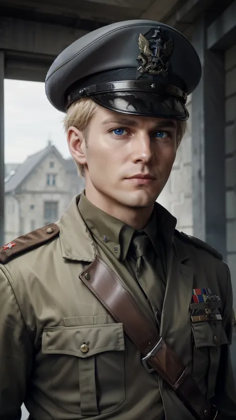 "Craft a vivid narrative depicting a strikingly handsome, blond-haired German military officer who serves as a high-ranking officer in the Waffen-SS during World War II. This officer, adorned in his grey military uniform and topped with a stern military ca...