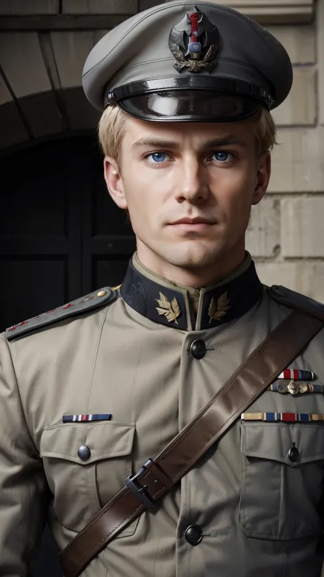 "Craft a vivid narrative depicting a strikingly handsome, blond-haired German military officer who serves as a high-ranking officer in the Waffen-SS during World War II. This officer, adorned in his grey military uniform and topped with a stern military ca...