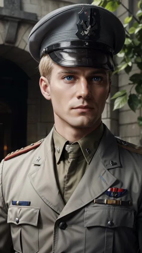 "Craft a vivid narrative depicting a strikingly handsome, blond-haired German military officer who serves as a high-ranking officer in the Waffen-SS during World War II. This officer, adorned in his grey military uniform and topped with a stern military ca...