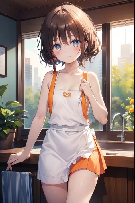 Yuki mandarin orange,,blush,smile,Naked but wearing an apron、Primary school students、The back is very small、Lolita、Small breasts、exterior: 14 years old、Shoulder Bare、The clavicle is visible、Sexy thighs、Beautiful legs、Usual hairstyle、Show your armpits:1.2),...