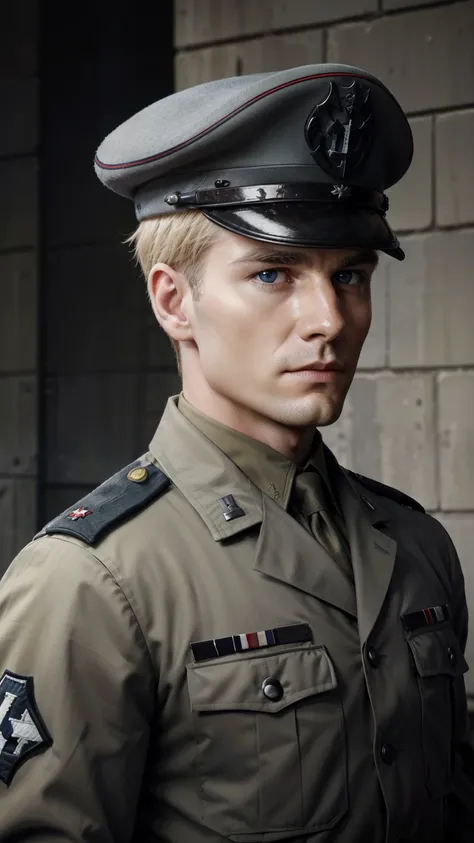 "Craft a vivid narrative depicting a strikingly handsome, blond-haired German military officer who serves as a high-ranking officer in the Waffen-SS during World War II. This officer, adorned in his grey military uniform and topped with a stern military ca...