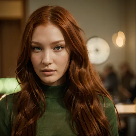 (bella hadid:1.1),beautiful detailed face,long red hair,ginger, red head ginger,long red-haired girl with green eyes,realistic photo,highres,ultra-detailed,photorealistic,vivid colors,bokeh,concept artists,green eyes, long red hair,ginger,red head ginger,b...