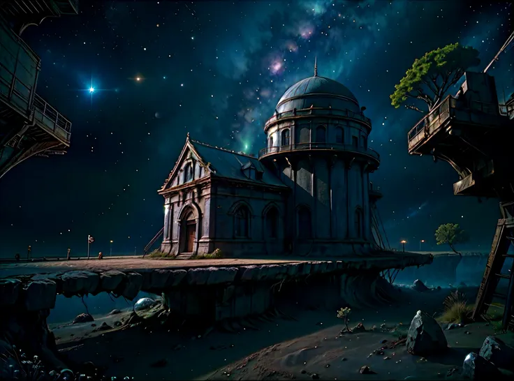 deep space, an ancient stone observatory erected under a starry sky, constellations shrouded in cinematic mystery, futuristic space station，Empty starry sky background