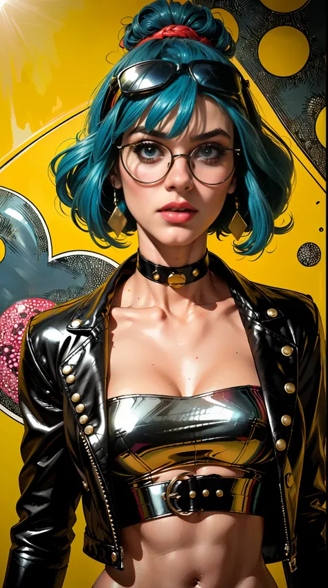 (1girll）wearing a choker，with tattoos, sunglasses, Black leather jacket,Psychedelic punk artist，Vivid colors, rim-light, trending on artstationh, Yayoi Kusamas pop art style, iintricate, High detail