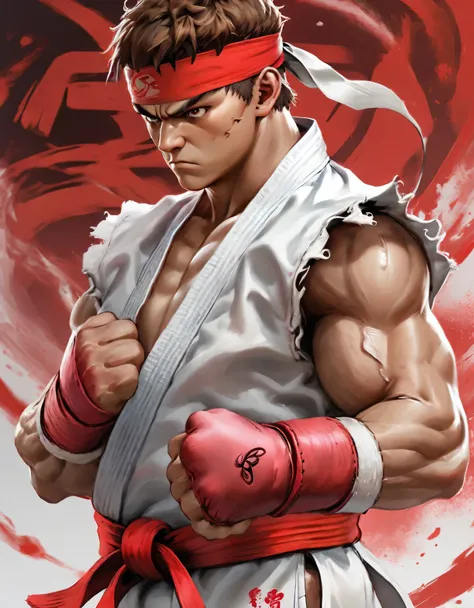 (8k, Fotos RAW, Maximum quality, obra de arte: 1.2), ultra detalhe, super resolution, (real, fotos reais: 1.37), (best quality, highres, ultra-detailed:1.2), cinematic still, Ryu from Street Fighter, white sleeveless karate gi, red headband, arms crossed