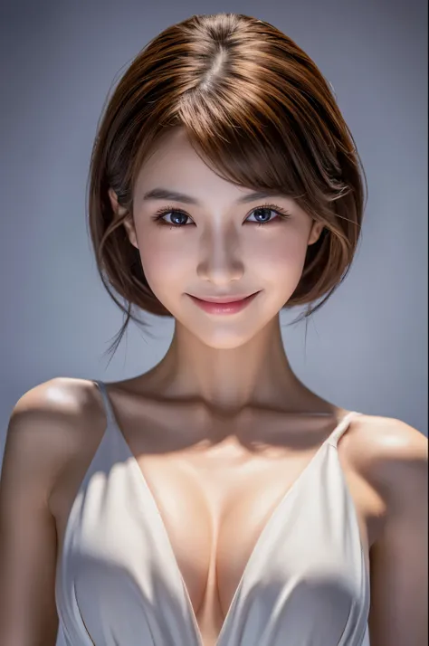 8K,Brown short hair,Smiling high school girl,Super Beauty(Like the real thing),Fluffy costume,masterpiece,Flexible physical ability,Put your chest close,Perfect Anatomy,charm,Volume measurement,Body balance,super Realistic 肌,Digital single-lens reflex came...