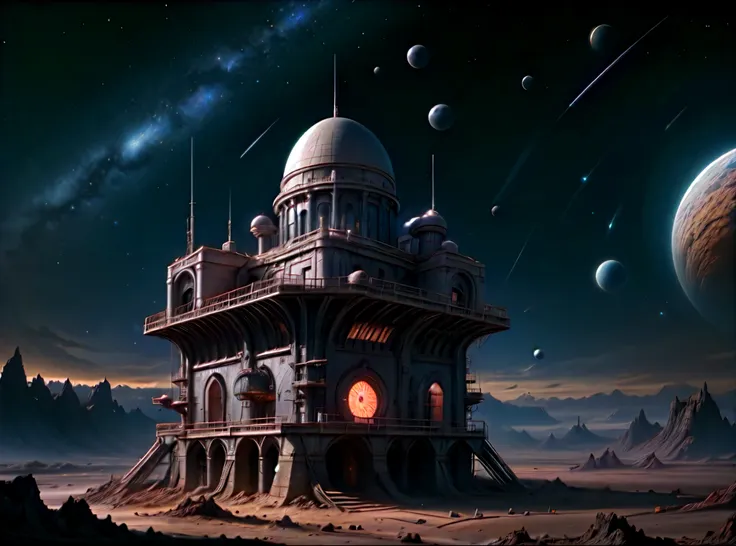 deep space, an ancient stone observatory floating on an island, erected under a starry sky, constellations shrouded in cinematic mystery, futuristic space station, Empty starry sky background