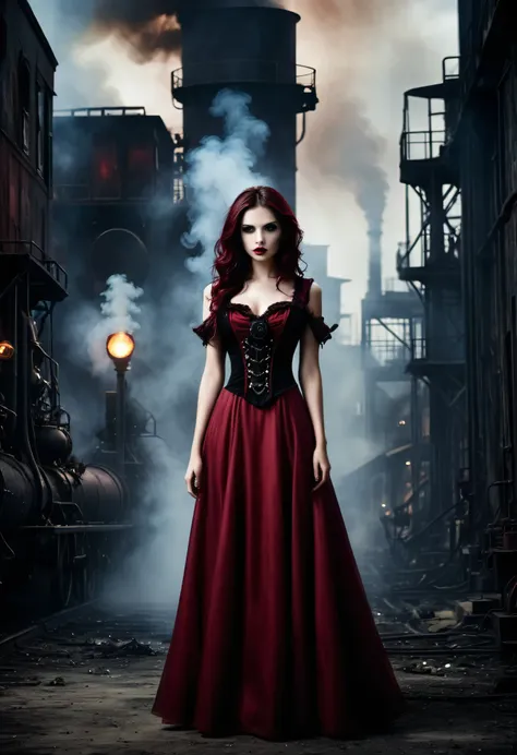 beautiful vampire girl wearing crimson gothic long dress in steam punk theme  stand alone in the factory ,dark and light gather ...