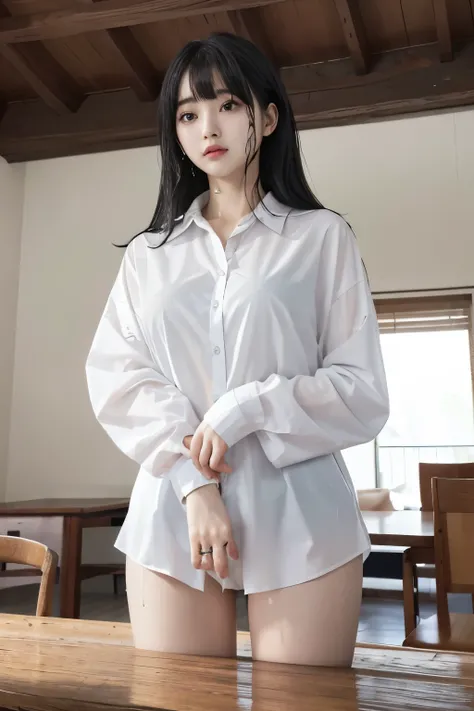 Masterpiece、highest quality、Woman 1、Super detailed、A woman looking up from directly below　Black Hair、Long Hair、Blunt bangs wet hair　Wet shirt、over size white shirt、Long shirt　shirt lift、Swimsuit under shirt　Soft thighs　ceiling