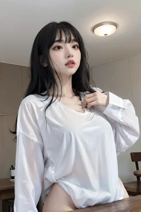 Masterpiece、highest quality、Woman 1、Super detailed、A woman looking up from directly below Black Hair、Long Hair、Blunt bangs wet hair Wet shirt、over size white shirt、Long shirt shirt lift、Swimsuit under shirt Soft thighs ceiling