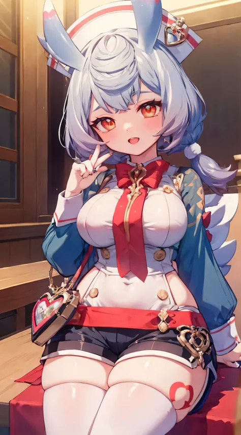 sigewinne, masterpiece, best quality, HuTaoV4, 1girl, solo, looking at viewer, symbol-shaped pupils, flower shaped pupils, blush, smile, open mouth, long sleeves, hat, jewelry, flower, thighs, shorts, socks, nail polish, black headwear, chinese clothes, bl...