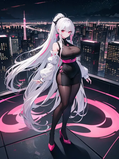 anime, (artwork, best quality, ultra-detailed, high contrast), 1 woman brasilian (Alone, full body, plus size body, standing on the edge of the skyscraper, silver hair, LONG In a ponytail, red eyes, perfect eyes ruby sparkles, (simple black qipao, black cy...