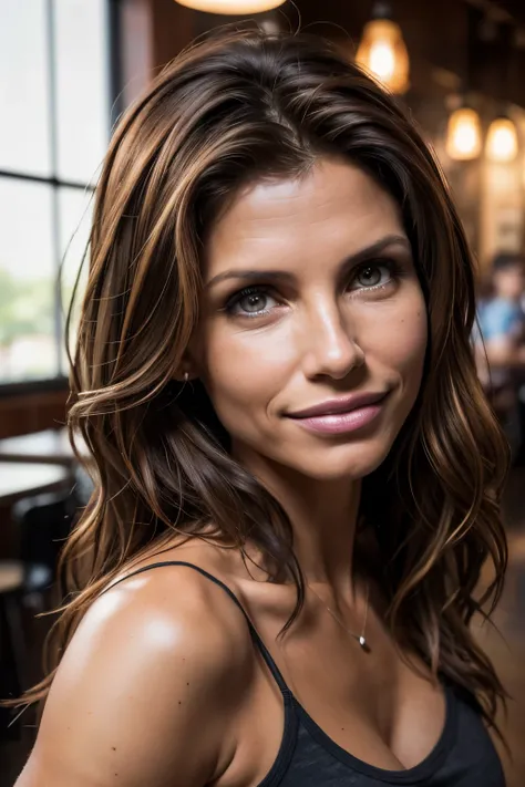 selfie, portrait, intimate, inside coffee shop, (Sharp focus:1.3), supermodel, high detail, beautiful detailed face, beautiful detailed mouth, beautiful detailed eyes, beautiful detailed nose, beautiful wavy hair, (attractive Charisma Carpenter:1.3), 25 ye...