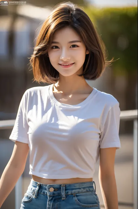 8K,17 years old,Brown short hair,Smiling female high school student,Super Beauty(Like the real thing),Stylish T-shirt,Shorts,masterpiece,Flexible physical ability,Put your chest close,Perfect Anatomy,charm,Volume measurement,Body balance,Digital single-len...