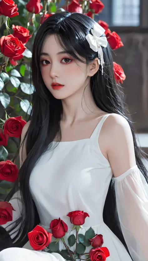 Anime girl with long black hair and white dress with red roses, guweiz, guweiz on pixiv artstation, Detailed digital anime art, Beautiful anime girl, guweiz on artstation pixiv, Anime style 4k, guys, Beautiful anime portrait, Detailed portrait of anime gir...