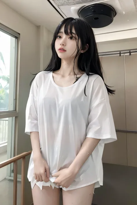 Masterpiece、highest quality、Woman 1、Super detailed、A woman looking up from directly below　Black Hair、Long Hair、Blunt bangs wet hair　Wet shirt、over size white shirt、Long shirt　shirt lift、Swimsuit under shirt　Soft thighs　ceiling