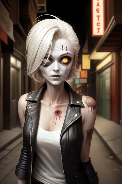 ((This is a fantasy image of an attractive blind female zombie.)) A ((blind)) zombie with (((pure whiteeyes))) is standing a cyberpunk alley. There are neon signs in the alley. ((The blind zombies face is critically important and includes puffy lips and re...