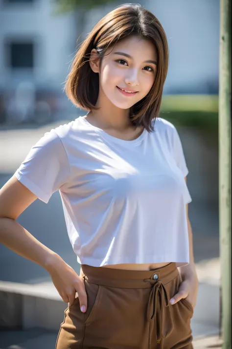 8K,17 years old,Brown short hair,Smiling female high school student,Super Beauty(Like the real thing),Stylish T-shirt with English logo,Shorts,masterpiece,Flexible physical ability,Put your chest close,Perfect Anatomy,charm,Volume measurement,Body balance,...