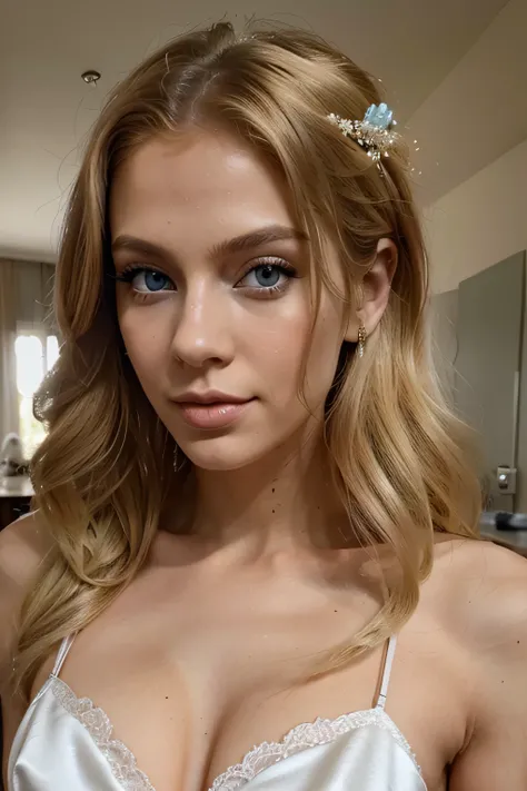 Beatifull woman, 24 years olds, sexiest girl in Venezuela, blond hair, skinny, she is wearing a bridal gown, sexiest lips and blue eyes, she has big  