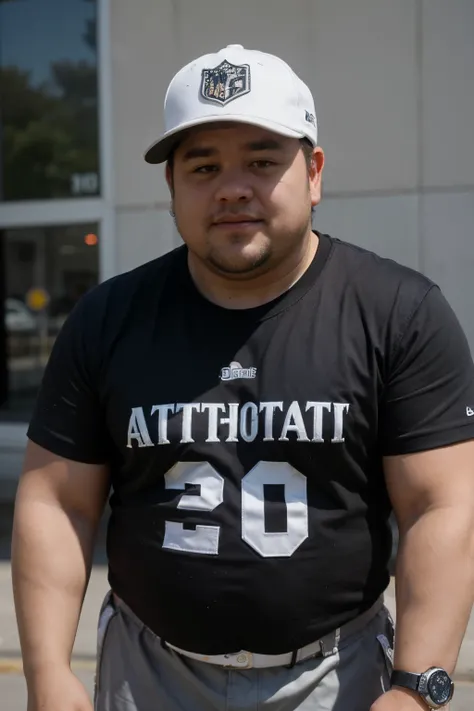 Fat guys with brownish skin. Wear NFL shirt and cap NFL of Oakland Atlantic. Wearing Gshock GD-100 purple on lefthand