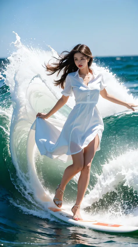 highest quality,masterpiece,Ultra-high resolution,(Actual:1.4),Original photo,Ultra-high resolution，8k，There are women，Fair skin，Exquisite makeup，Big waves of red lips，Riding on a surfboard、White shirt dress，High heels，Long legs，Bright and beautiful