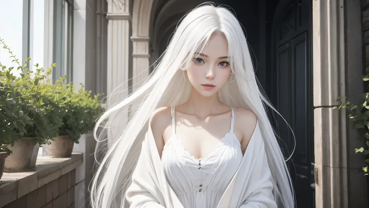 White skin，White hair，Women&#39;s Deep V Black Lace Dress，Luxurious clothes，Charming and elegant，Belly cut-out design，hand behind back，Bend your hips，Huge breasts，Leaking from the groin，Do not draw the hands，Only two characters are shown in the picture