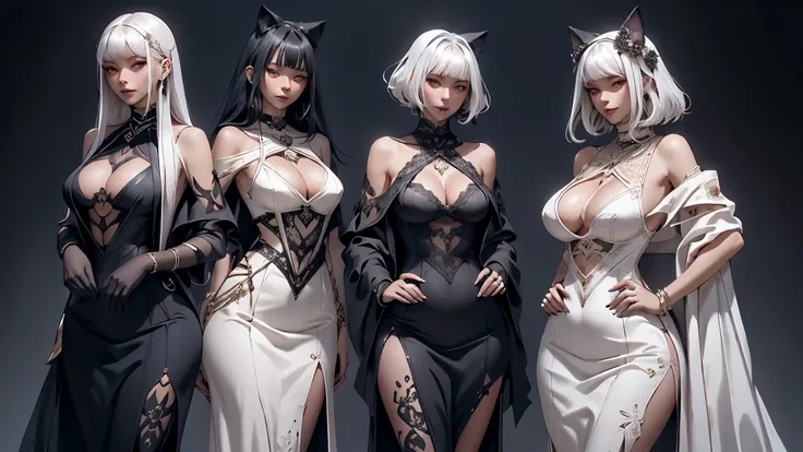 White skin white hair deep v black lace dress women，Luxurious clothes，Charming and elegant，Belly cut-out design，hand behind back，Bend your hips，Huge breasts，Leaking from the groin，Do not draw the hands，Only 2 characters