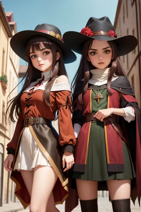 Megumin archimage and her daughter 13 years old Esmeralda archmages apprentice (Have brunette color hair and dark green eyes, wearing sorcerer hats, medieval city, fight against enemy,