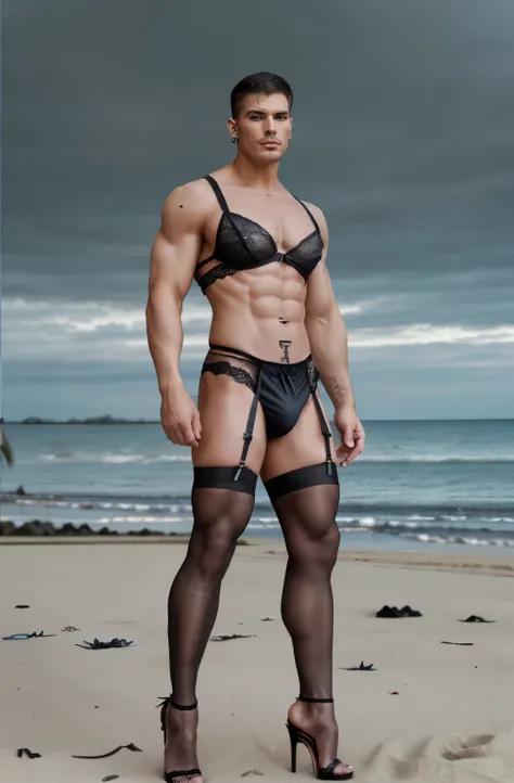 A Muscular masculine hunk man with very short hair,  lingerie, gaff, black nylon stockings with lace top, padded bra, extreme black stiletto high heels and with metal heels and pointy toes garterbelt, with makeup, fake nails and fake eyelashes, long earrin...