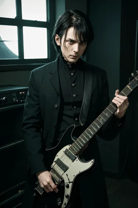 hard gothic band style、Peter Murphy、Bauhaus、electric guitar、play the guitar、Gothic、male、Dark world、black metal world、Black suit、band world、new wabe、dark Psych、long coat、Dark background、Strange Beauty、new form of beauty、Black eyeliner、Black eyeshadow、black ...