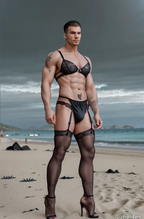 A Muscular masculine hunk man with very short hair,  lingerie, gaff, black nylon stockings with lace top, padded bra, extreme black stiletto high heels and with metal heels and pointy toes garterbelt, with makeup, fake nails and fake eyelashes, long earrin...