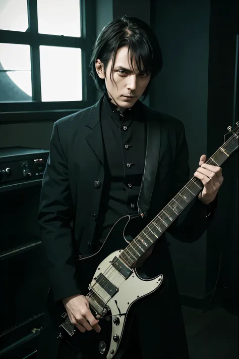 hard gothic band style、peter murphy、bauhaus、electric guitar、play the guitar、gothic、male、dark world、black metal world、black suit、...