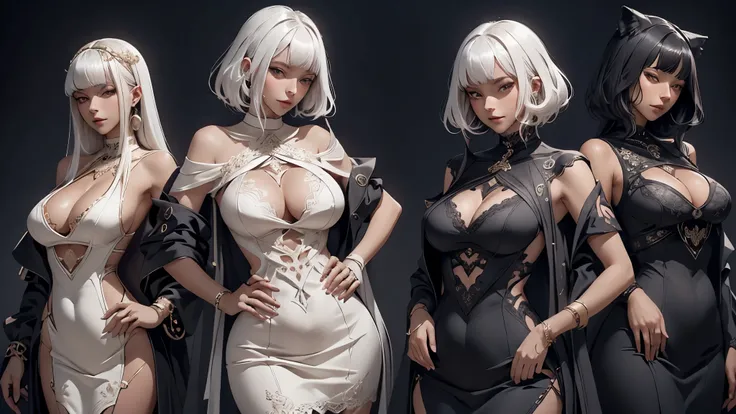 Only 2 characters are drawn，White skin white hair deep v black lace dress women，Luxurious clothes，Charming and elegant，Belly cut-out design，hand behind back，Bend your hips，Huge breasts，Leaking from the groin，Do not draw the hands