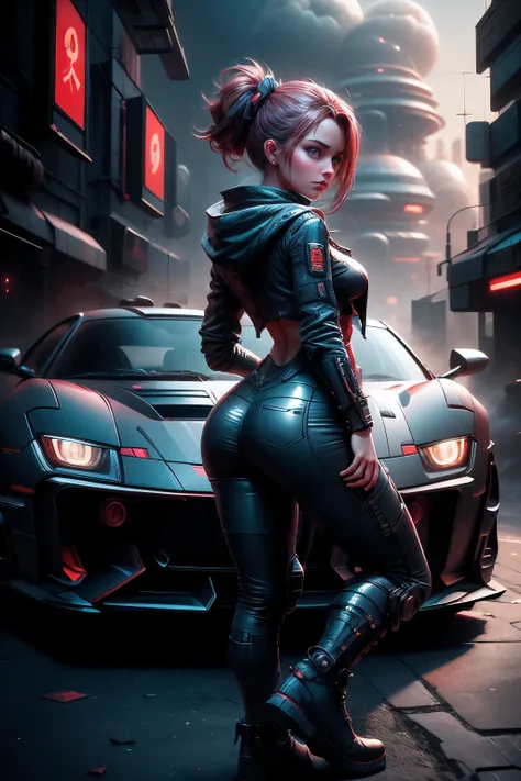 (long shot :1.2), best quality, 4k, high-end, ultra fine: 1.2), realistic,a girl standing in front of a futuristic sports car in...