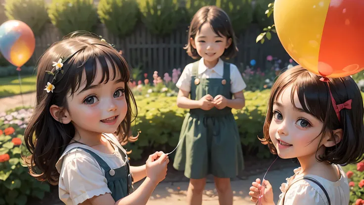 Children playing in the garden,holding ballons, smiling, big eyes, best quality, masterpiece, clear focus, extremely detailed 