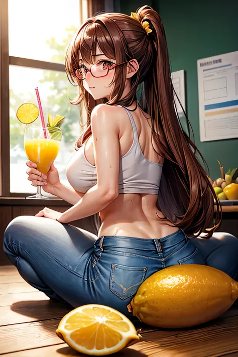 High resolution, high quality, One girl, Anime Girls,Brown long hair, Brown eyes, Pink Glasses,heart shaped pupils,Sunburned skin, Large Breasts,beautiful breasts,pointy breasts,(Big Ass),beautiful ass,Embarrassed,Tank Top,jeans,Back Pose,lower body,sweat,...