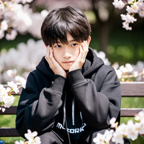 (8K, raw photo, Best quality, masterpiece:1.2), (realistic, photorealistic:1.37). Young guy 16 years old, Japanese, short hair, black hoodie, covers half of his face with his hand.  sitting on a bench next to cherry blossoms, day 