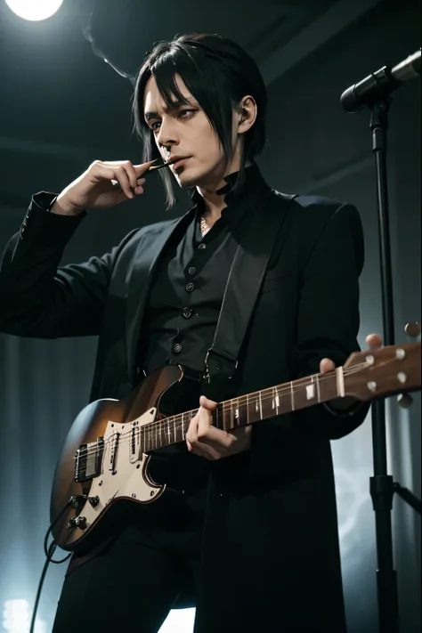 hard gothic band style、peter murphy、bauhaus、electric guitar、play the guitar、gothic、male、dark world、black metal world、black suit、...