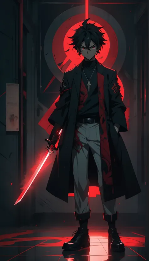 Full body shot, An intense anime scene featuring a boy holding a sword in a badass pose, his serious face illuminated by red eyes and framed by black hair, adorned with a striking face tattoo. He stands confidently in a black overcoat, black shoes, abaster...