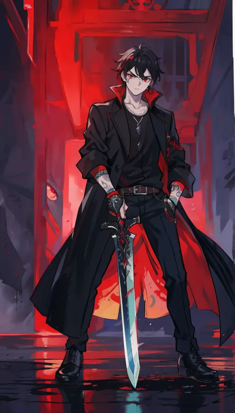 Full body shot, An intense anime scene featuring a boy holding a sword in a badass pose, his serious face illuminated by red eyes and framed by black hair, adorned with a striking face tattoo. He stands confidently in a black overcoat, black shoes, fantasy...