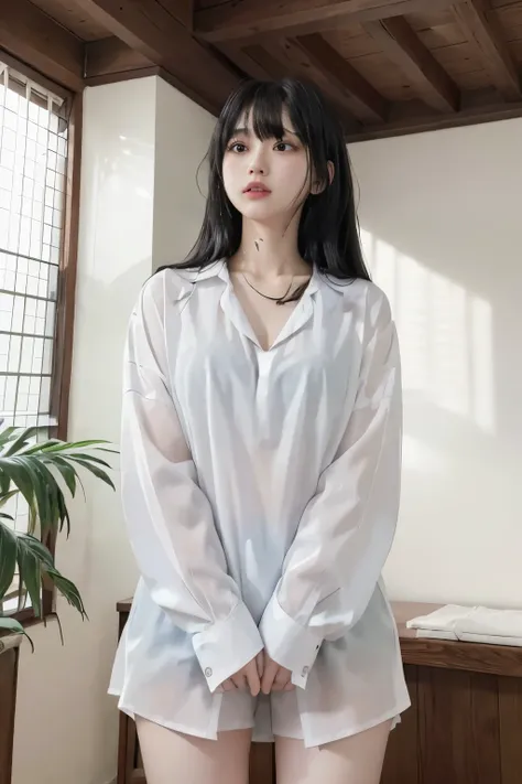 Masterpiece、highest quality、Woman 1、Super detailed、A woman looking up from directly below　Black Hair、Long Hair、Blunt bangs wet hair　Wet shirt、over size white shirt、Long shirt　shirt lift、Lift the shirt with both hands、Swimsuit under shirt　Soft thighs　ceilin...