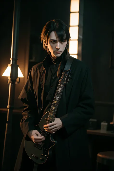 hard gothic band style、Peter Murphy、Bauhaus、electric guitar、play the guitar、Gothic、male、Dark world、black metal world、Black suit、band world、new wabe、dark Psych、long coat、Dark background、Strange Beauty、new form of beauty、Black eyeliner、Black eyeshadow、black ...