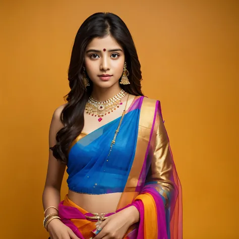 A indian girl who wearing jewellery and sari  a colour full background 