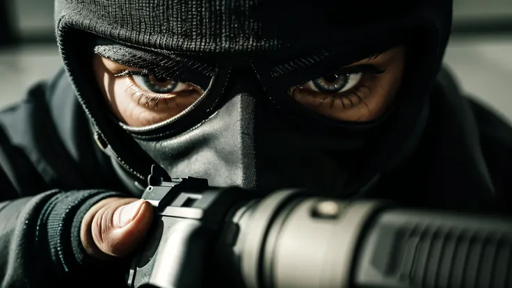 A close-up of a masked robbers face, with intense eyes visible through the masks eyeholes, holding a hostage at gunpoint in the bank lobby. Style: Gritty, intense, cinematic lighting.
