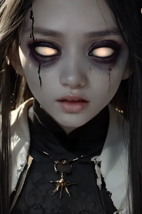 ((this is a fantasy image of a blind zombie princess.)) a ((blind)) princess zombie with (((pure whiteyes))) is standing in an a...